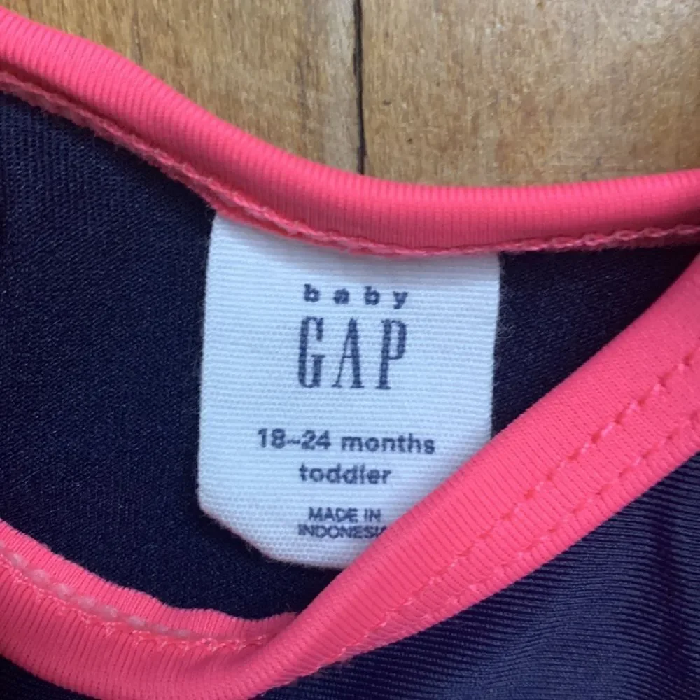 Gap bathing suit 18 to 24 months girls one piece navy blue pink neon trim